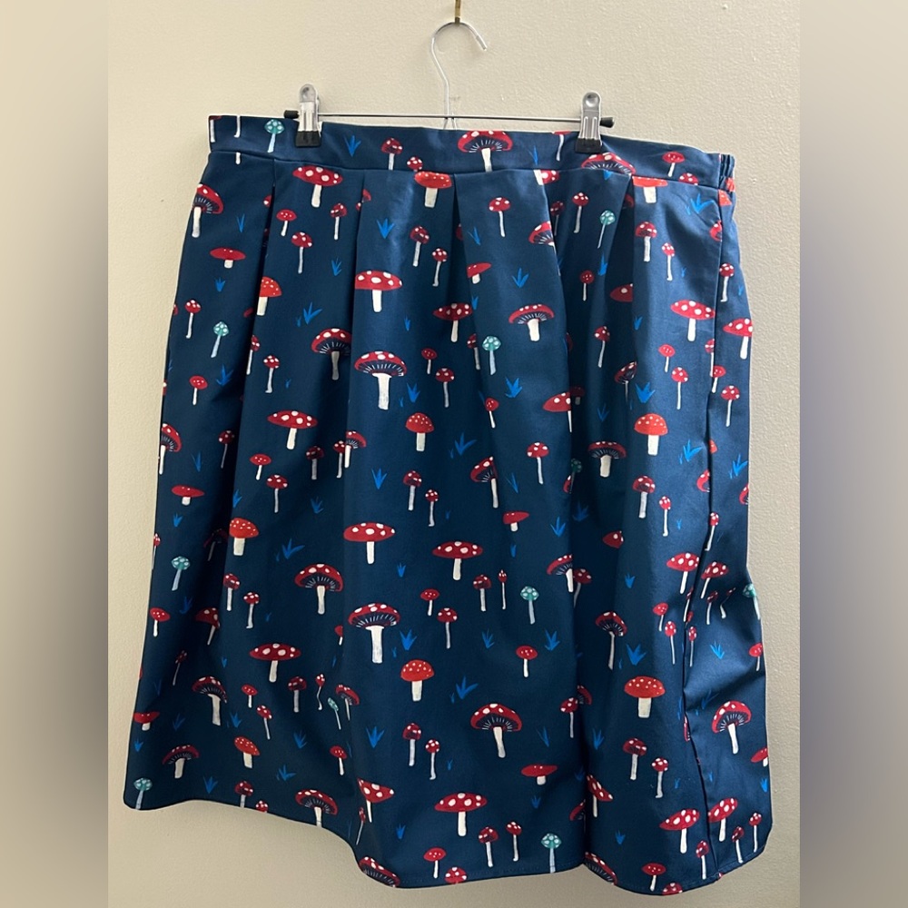 Unique Vintage 1X/16 Blue A-line Skirt with Red  and White Polka Dot Mushrooms